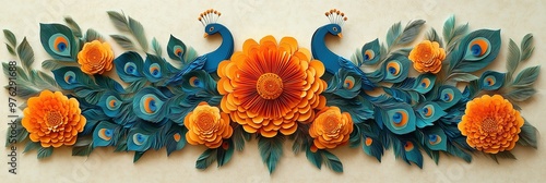 Diwali Banner with Paper-Cut Marigold and Peacock Feather Rangoli on Subtle Beige Background