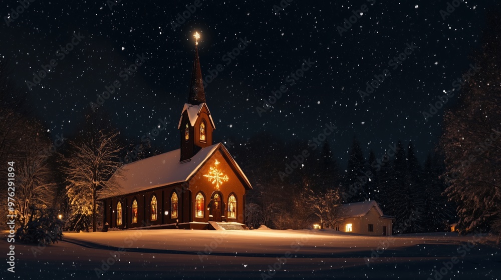 Naklejka premium Peaceful Church Illuminated Under a Starry Night with Falling Snow During Christmas