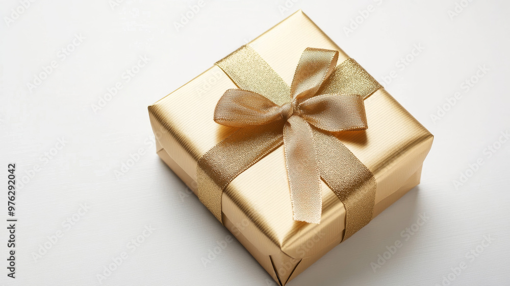Real gold gift box with a ribbon on a blank white background, perfect for distinctive gift sets. Real gold gift box with a ribbon on a blank white background, perfect for distinctive gift sets.