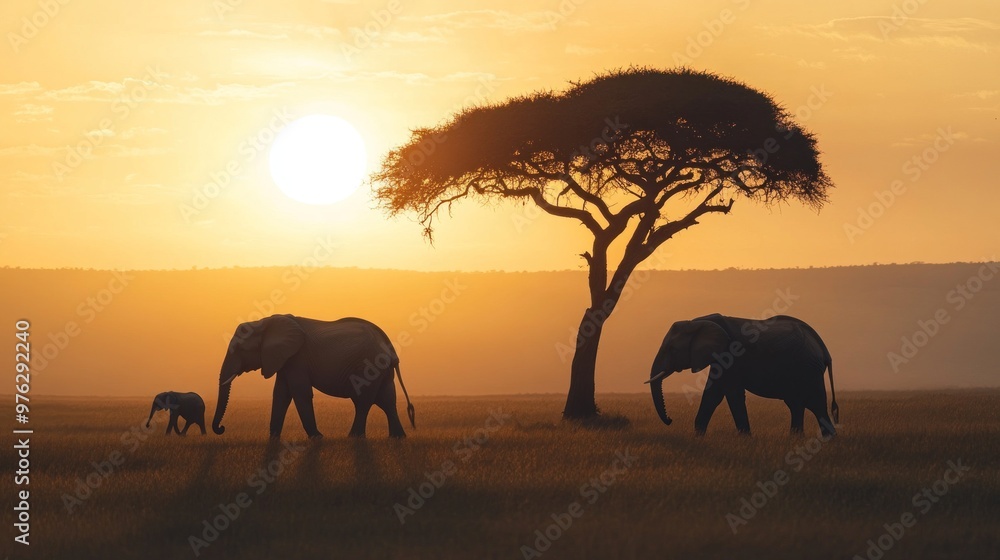 Fototapeta premium Two elephants walk across a savanna at sunset