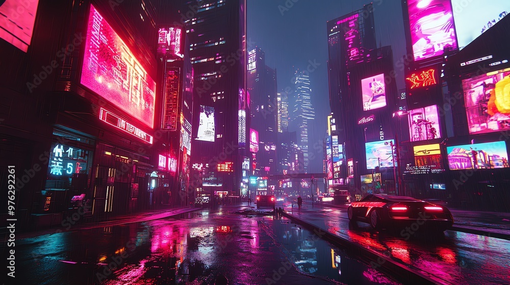 A futuristic city street at night, glowing with neon signs and rain reflecting the vibrant colors. A futuristic city street at night, glowing with neon signs and rain reflecting the vibrant colors.