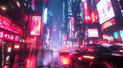 Cyberpunk city street at night with glowing neon signs and rain reflecting on the wet asphalt.