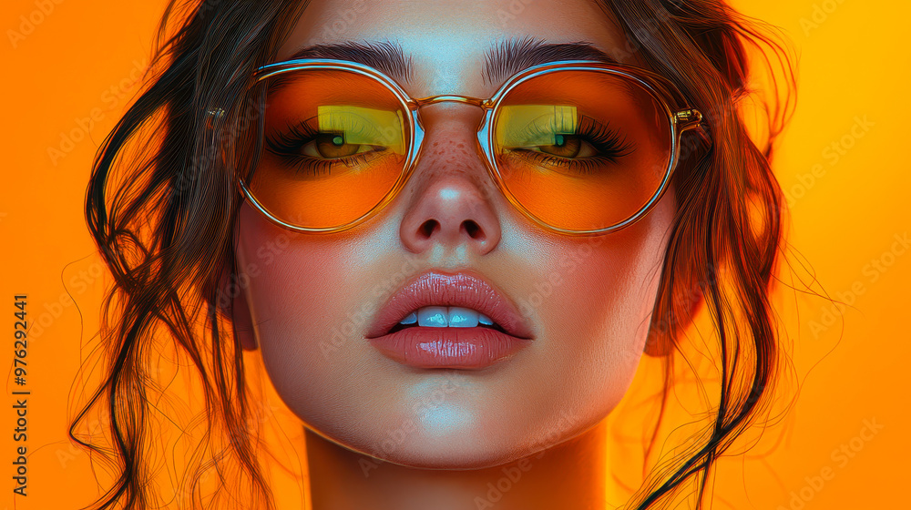 Vibrant Pop Art Portrait of Stylish Woman in Golden Sunglasses on Bright Orange Background, Retro Chic, Modern Fashion Inspiration, Bold Colors, Contemporary Aesthetic Vibrant Pop Art Portrait of Stylish Woman in Golden Sunglasses on Bright Orange Background, Retro Chic, Modern Fashion Inspiration, Bold Colors, Contemporary Aesthetic