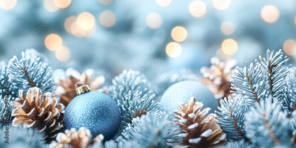 Frosty Christmas scene with blue baubles, frosted pinecones, and branches, with copy space for text. Frosty Christmas scene with blue baubles, frosted pinecones, and branches, with copy space for text.