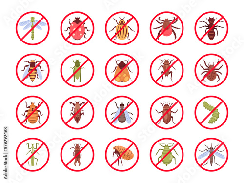Anti insect signs. Stop insects icon, pest control repellent bug silhouette no pests repellan parasites danger vermin sign mosquito tick fly ant flea, swanky vector illustration