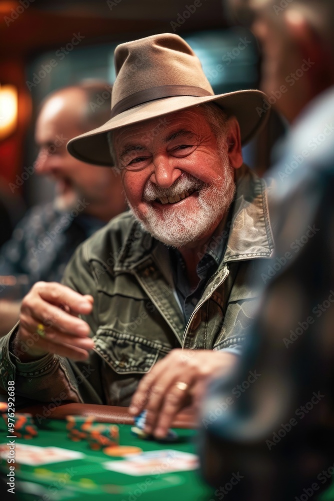 A man in a hat plays a game of poker with friends, a fun and social evening A man in a hat plays a game of poker with friends, a fun and social evening