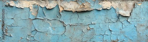 An aged and distressed blue beton wall, its surface cracked and chipped, with large sections of faded paint revealing the coarse, weathered concrete beneath, conveying a sense of decay and time-worn photo