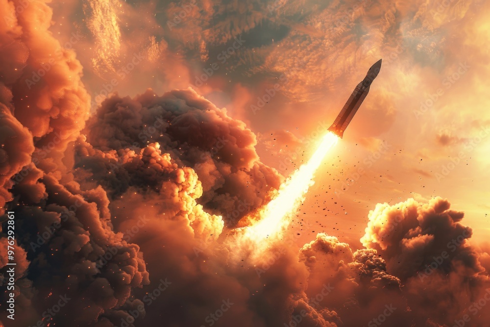 A rocket blasting off into the sky with smoke trails, ideal for use in scenes about space exploration or technological advancements A rocket blasting off into the sky with smoke trails, ideal for use in scenes about space exploration or technological advancements