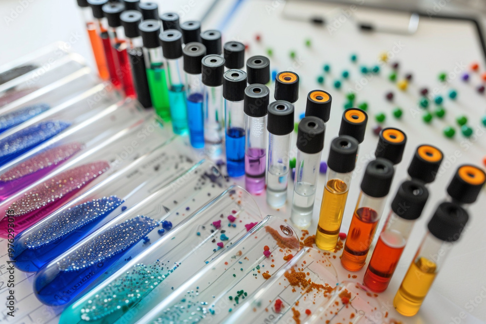 Biochemistry experiment in detail test tubes with colorful compounds digital notes on the side Biochemistry experiment in detail test tubes with colorful compounds digital notes on the side