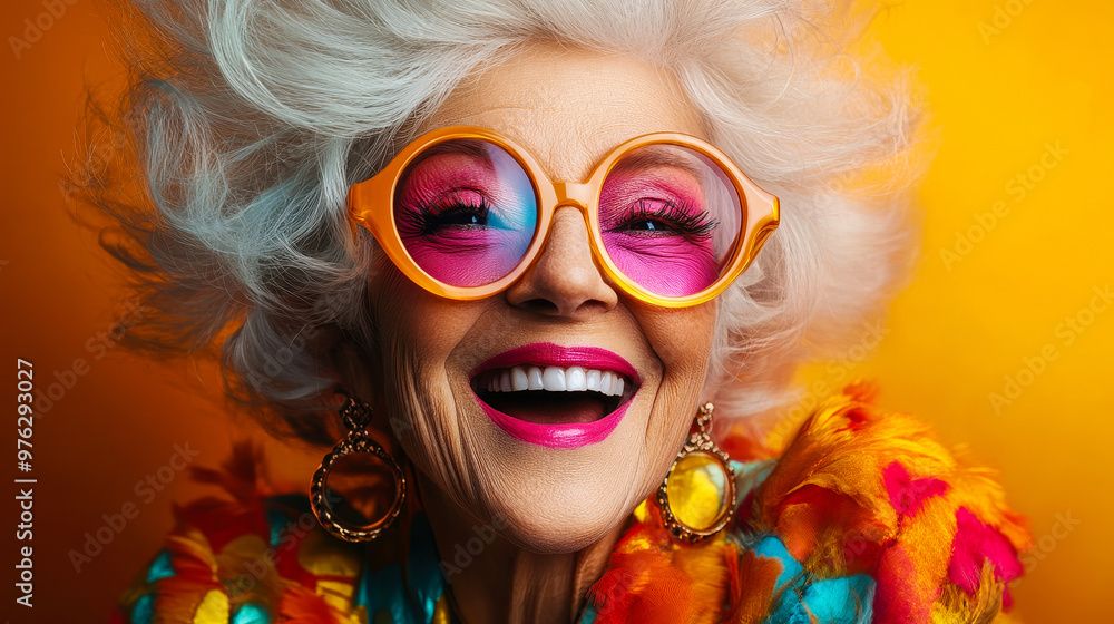 Vibrant Happy Elderly Woman with Colorful Makeup and Round Glasses Having Fun, Kidulthood and Joyful Lifestyle Concept on Bright Background Vibrant Happy Elderly Woman with Colorful Makeup and Round Glasses Having Fun, Kidulthood and Joyful Lifestyle Concept on Bright Background