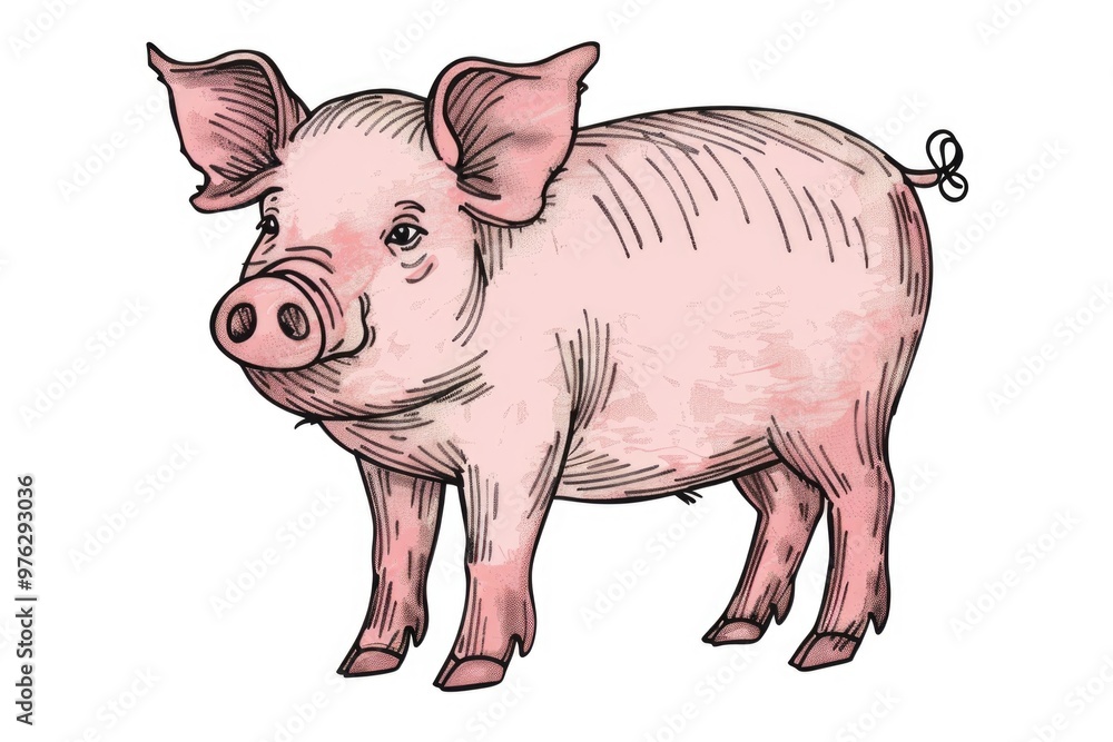 Fototapeta premium A pink pig stands on a clean white surface