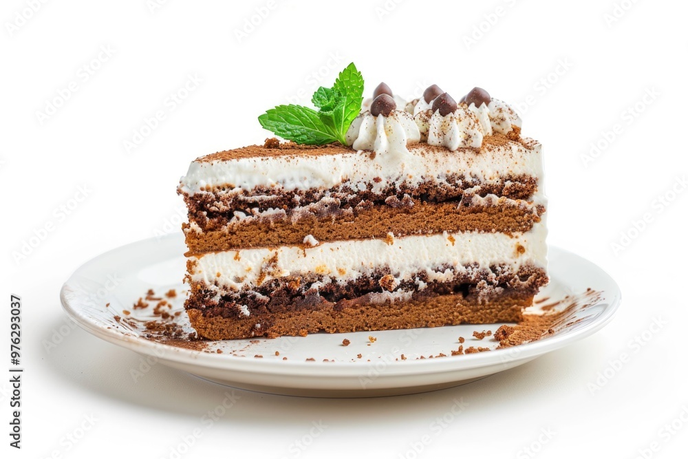 Freshly baked cake on a simple white plate, perfect for dessert or snack Freshly baked cake on a simple white plate, perfect for dessert or snack