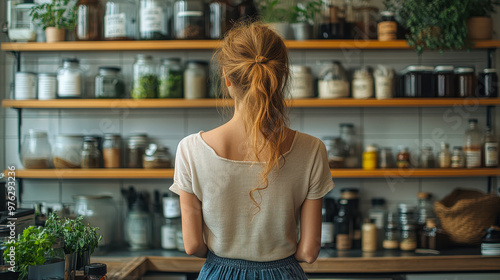 Young Woman Organizing Shelves in a Cozy Home Kitchen with Plants and Jars, Concept of Home Organization and Clean Living