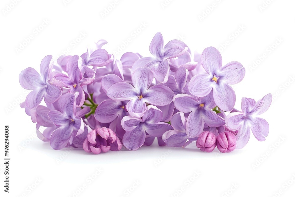 A collection of purple flowers arranged on a white surface, great for decoration or design purposes A collection of purple flowers arranged on a white surface, great for decoration or design purposes