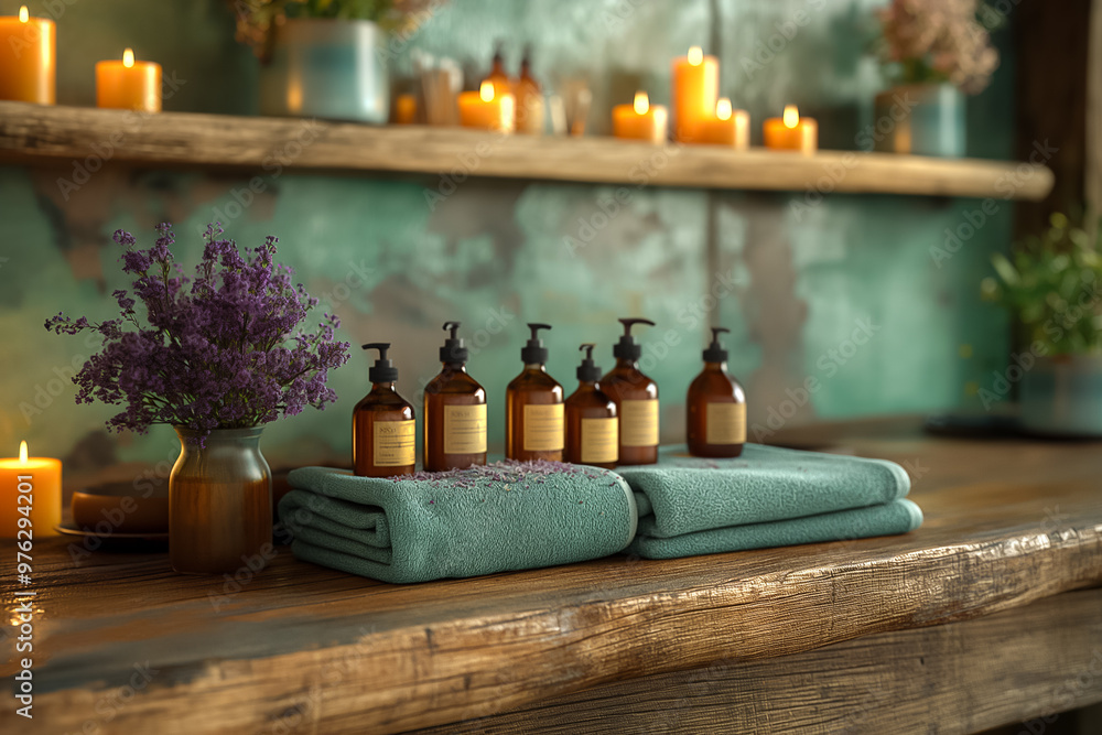 A serene spa setting showcases neatly arranged bottles of essential oils, plush towels, and flickering candles, creating a calming atmosphere for relaxation A serene spa setting showcases neatly arranged bottles of essential oils, plush towels, and flickering candles, creating a calming atmosphere for relaxation