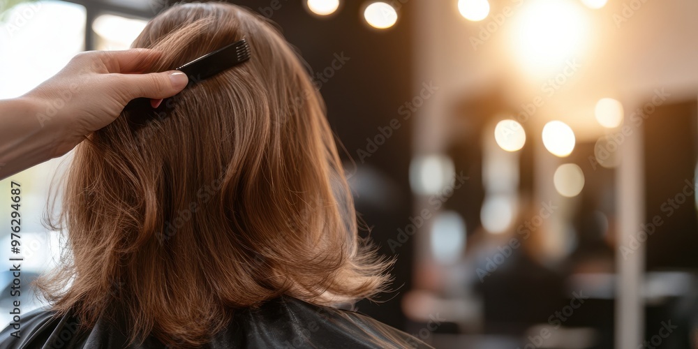 A hairdresser's hand is seen combing a customer's hair in a salon, indicating the personal grooming and hairstyling service taking place in a professional setting. A hairdresser's hand is seen combing a customer's hair in a salon, indicating the personal grooming and hairstyling service taking place in a professional setting.