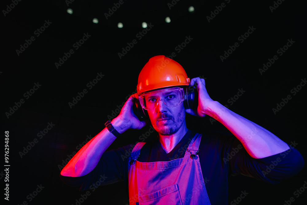 Worker at construction site in neon light Worker at construction site in neon light