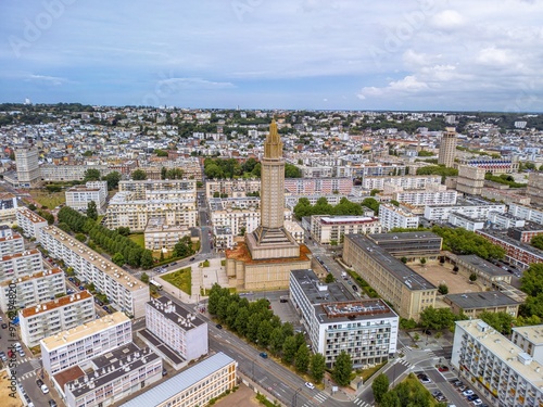 The drone aerial view of St. Joseph's Church and downtown district of Le Havre. Le Havre is a major port city in the Seine-Maritime department in the Normandy region of northern France.