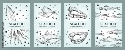 Sea food posters. Premium quality seafood, menu cover for restaurant, oceanic products packaging design label. Hand drawn sketch isolated elements. Kitchen marine print. Vector illustration