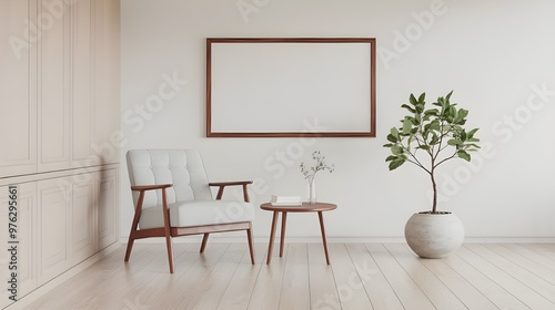 Modern living room interior with armchr coffee table and plant