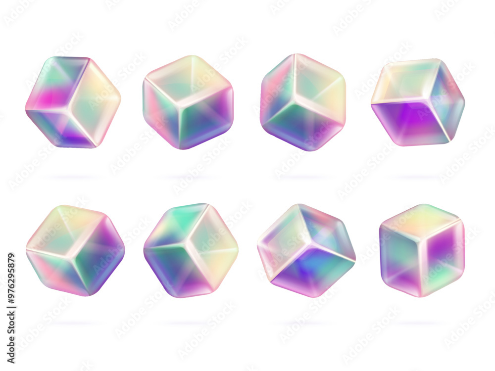 Holographic gradient cubes. Plastic colourful rainbow cube, geometric 3d block neon colors glossy hologram metallic effect abstract square shape figure, exact vector illustration Holographic gradient cubes. Plastic colourful rainbow cube, geometric 3d block neon colors glossy hologram metallic effect abstract square shape figure, exact vector illustration