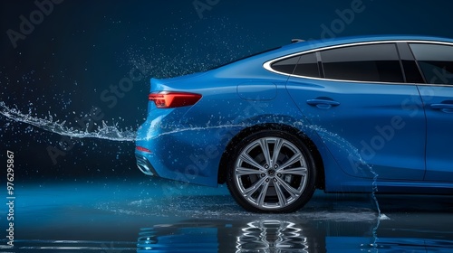 Blue Car with Water Splash on Dark Background photo