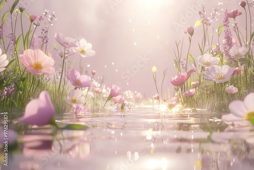 Tranquil pond surrounded by blooming wildflowers. Nature scenery with peaceful, serene atmosphere