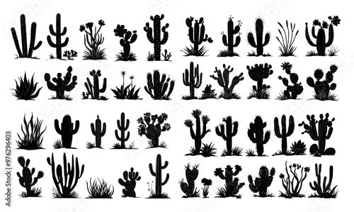 Black cactus silhouettes. Western mexican desert blossom prickly plant, exotic succulent with thorns and flowers, botanical blooming flora isolated vector set on white background