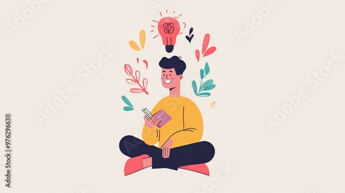 Cute Illustration of Man Embracing Soft Skills and Mental Health Through Reading and Reflection