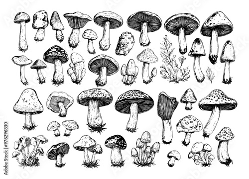 Black ink sketch mushrooms. Forest fungus chanterelle shiitake boletus oyster king morel, champignons mycelium truffles spores toadstools engraving monochrome isolated vector set