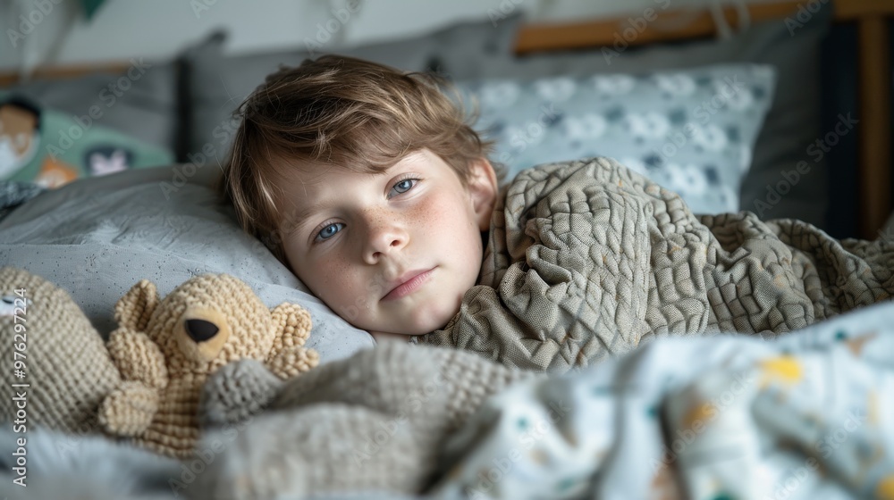 Generate an image of a child with a cold lying in bed, surrounded by stuffed animals and a comforting atmosphere Generate an image of a child with a cold lying in bed, surrounded by stuffed animals and a comforting atmosphere