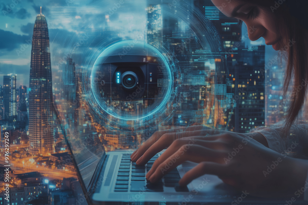 A woman typing on a laptop in a bustling cityscape, capturing the essence of creativity and connectivity in the twilight hours A woman typing on a laptop in a bustling cityscape, capturing the essence of creativity and connectivity in the twilight hours