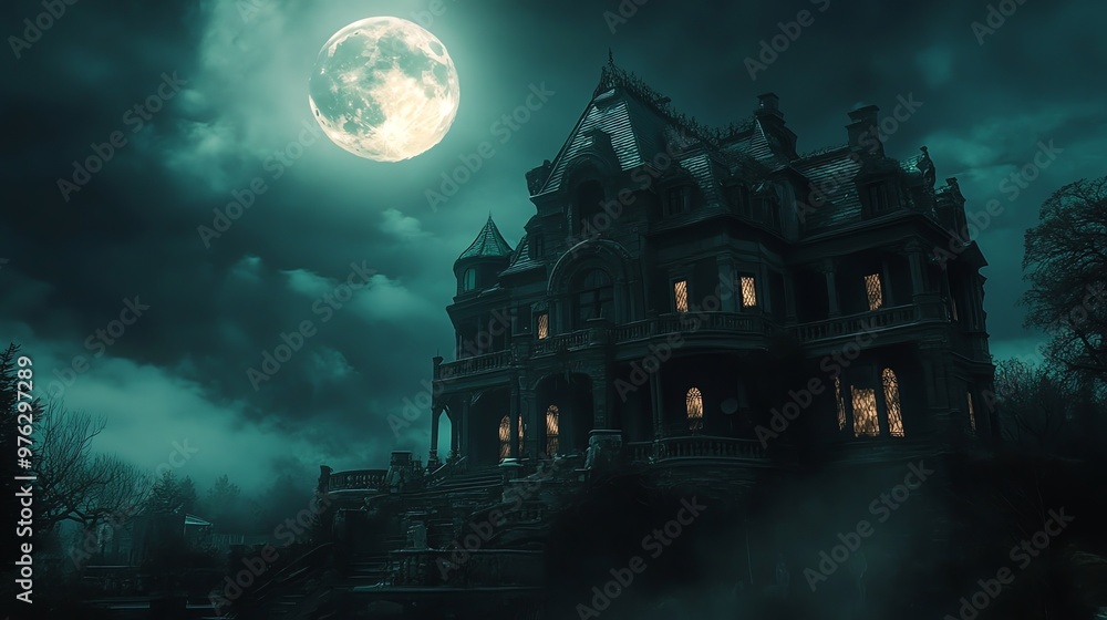 A large, ominous mansion stands under a full moon with clouds in the sky. A large, ominous mansion stands under a full moon with clouds in the sky.