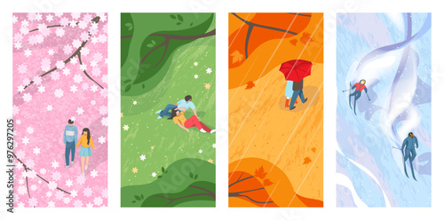 Seasonal backgrounds. Man and woman walking outdoor. Spring sakura cherry blossoms. Summer meadow. Winter sport. People skiing in mountains. Autumn trees. Vector nature seasons set