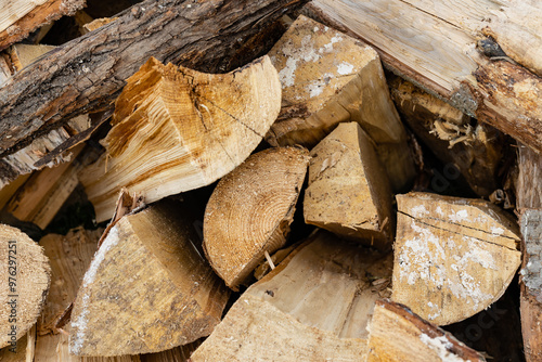 a stack of firewood for heating prepared for the winter photo