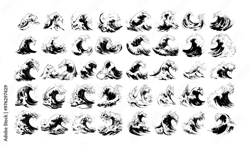 Fototapeta premium Black ink sketch ocean waves. Marine sea storm curly water swells with foam and splashes, surge tsunami surfing tide vintage ripples, isolated hand drawn monochrome vector set