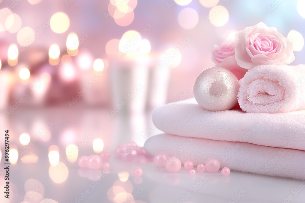A tranquil arrangement features soft pink towels, delicate roses, and a shimmering ornament, all set against a backdrop of softly glowing candles, enhancing relaxation A tranquil arrangement features soft pink towels, delicate roses, and a shimmering ornament, all set against a backdrop of softly glowing candles, enhancing relaxation