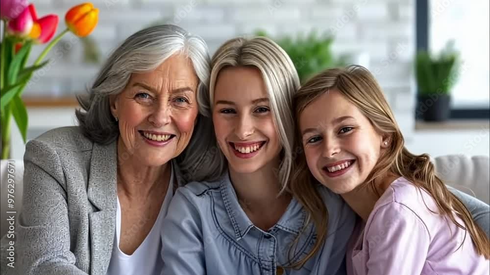 Smiling grandmother, mother, and daughter posing in a cozy home environment, happiness across generations
Smiling grandmother, mother, and daughter posing in a cozy home environment, happiness across generations