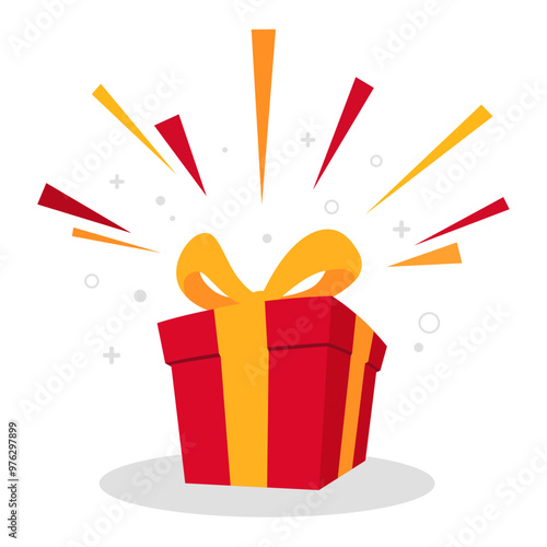 surprise red gift box, birthday celebration, special give away package, loyalty program reward, wonder gift with exclamation mark, vector icon, flat illustration