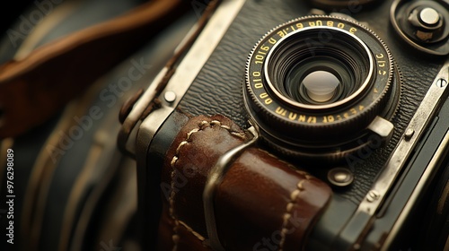 A close up of an old camera lens with a leather strap. photo