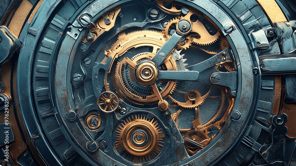 A close-up of a complex clockwork mechanism. A close-up of a complex clockwork mechanism.