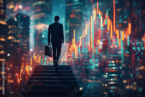 A determined young businessman confidently strolls through a vibrant cityscape, showcasing ambition amidst a backdrop of bright lights and skyscrapers