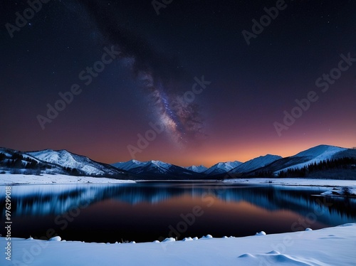 Fototapeta Naklejka Na Ścianę i Meble -  snowy winter landscape with a lake surrounded by mountains at night