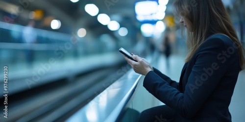 A woman in a business suit is waiting for a train at a modern station, looking at her mobile phone, indicating a busy urban lifestyle and a connection to modern technology.
