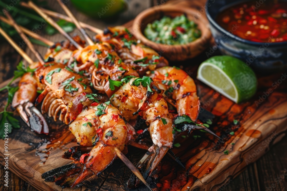 Grilled shrimp served on a rustic wooden cutting board, perfect for outdoor cooking or food styling Grilled shrimp served on a rustic wooden cutting board, perfect for outdoor cooking or food styling