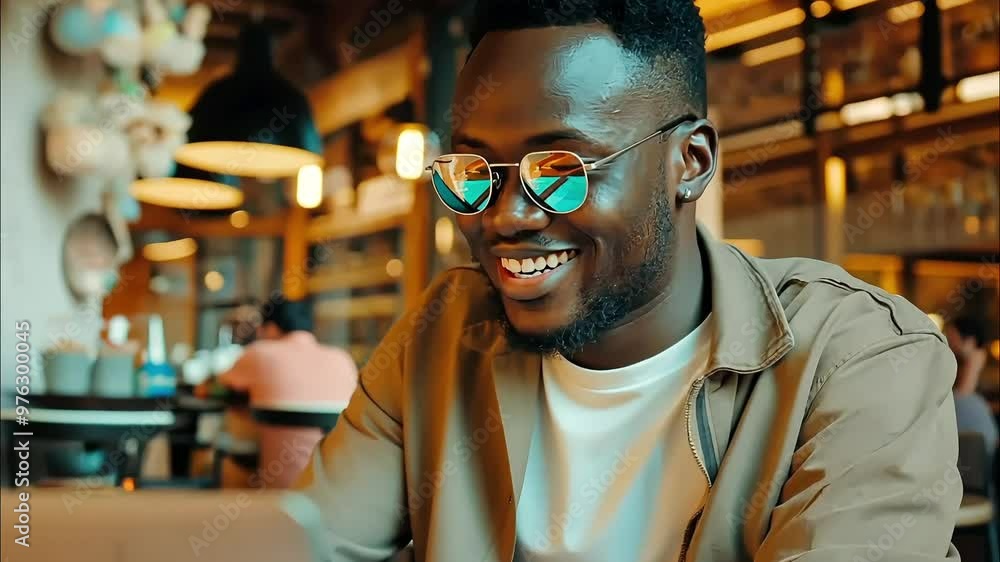 Man smiling with glasses, sitting in a café with warm lighting, feeling relaxed and happy
Man smiling with glasses, sitting in a café with warm lighting, feeling relaxed and happy