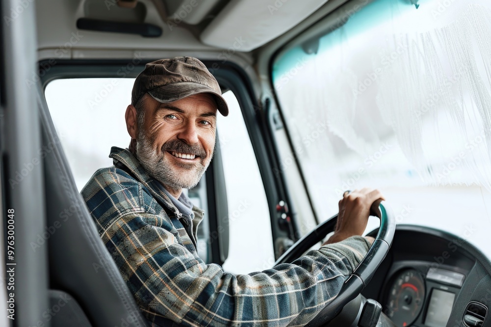 A happy driver behind the wheel of a truck, perfect for transportation and logistics scenes A happy driver behind the wheel of a truck, perfect for transportation and logistics scenes