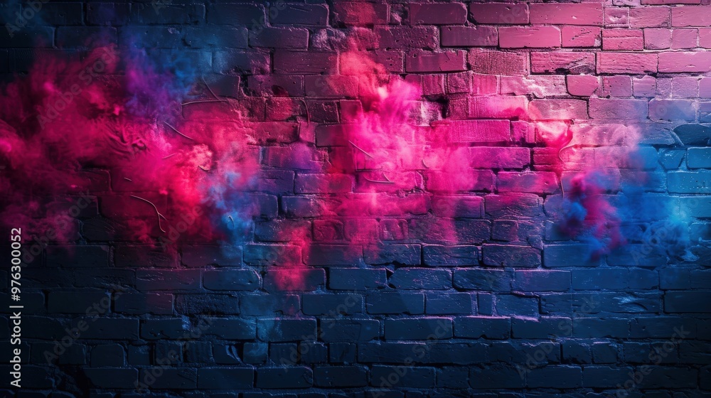 Grungy Brick Wall with Vibrant Neon Splashes of Pink and Blue Grungy Brick Wall with Vibrant Neon Splashes of Pink and Blue