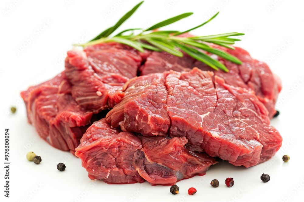 Freshly cut raw meat with a sprig of fragrant rosemary, suitable for cooking or as a prop in food-related settings Freshly cut raw meat with a sprig of fragrant rosemary, suitable for cooking or as a prop in food-related settings