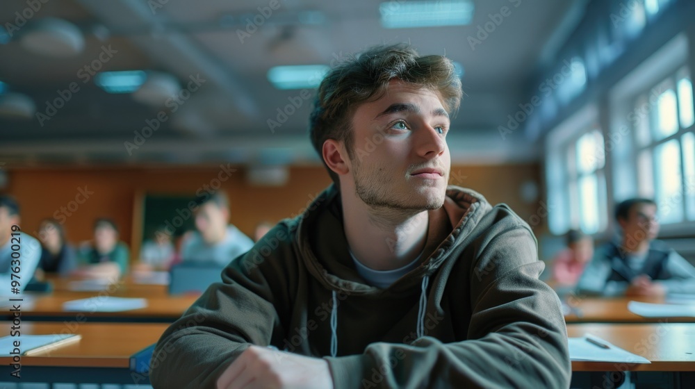 A student sits at a table in a classroom, focusing on his schoolwork A student sits at a table in a classroom, focusing on his schoolwork